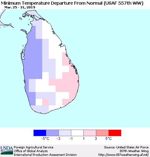 Sri Lanka Minimum Temperature Departure From Normal (USAF 557th WW) Thematic Map For 3/25/2019 - 3/31/2019
