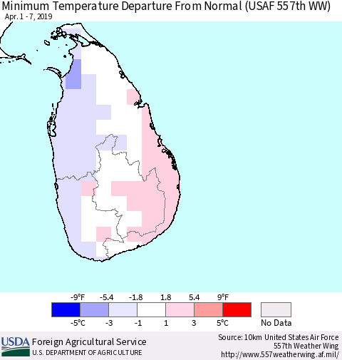 Sri Lanka Mean Minimum Temperature Departure from Normal (USAF 557th WW) Thematic Map For 4/1/2019 - 4/7/2019