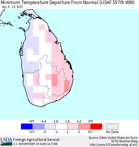 Sri Lanka Mean Minimum Temperature Departure from Normal (USAF 557th WW) Thematic Map For 4/8/2019 - 4/14/2019