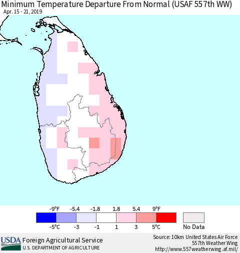 Sri Lanka Minimum Temperature Departure From Normal (USAF 557th WW) Thematic Map For 4/15/2019 - 4/21/2019