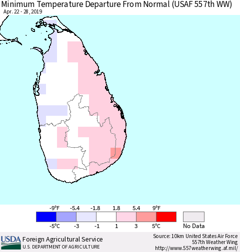Sri Lanka Minimum Temperature Departure From Normal (USAF 557th WW) Thematic Map For 4/22/2019 - 4/28/2019