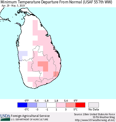 Sri Lanka Minimum Temperature Departure From Normal (USAF 557th WW) Thematic Map For 4/29/2019 - 5/5/2019