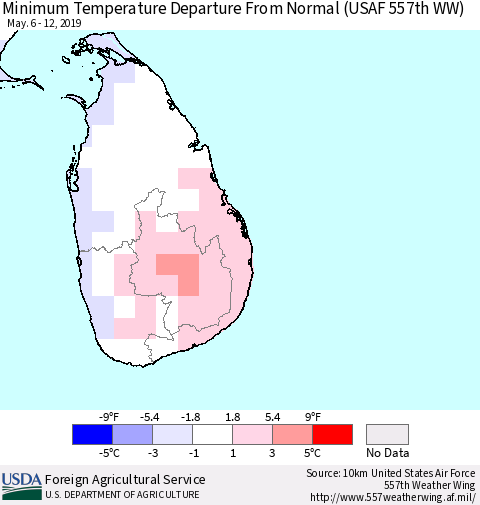 Sri Lanka Minimum Temperature Departure From Normal (USAF 557th WW) Thematic Map For 5/6/2019 - 5/12/2019