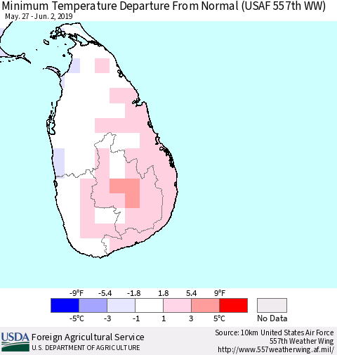 Sri Lanka Minimum Temperature Departure From Normal (USAF 557th WW) Thematic Map For 5/27/2019 - 6/2/2019