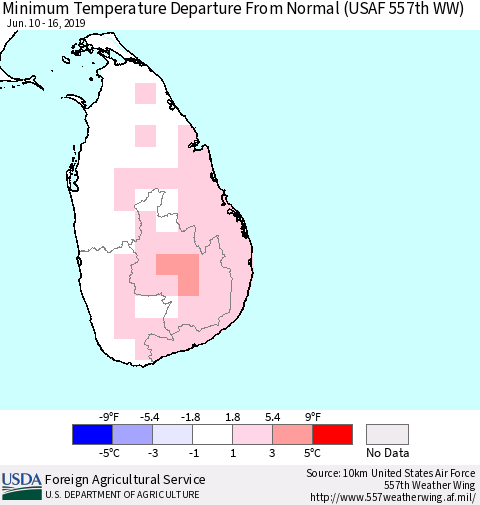 Sri Lanka Mean Minimum Temperature Departure from Normal (USAF 557th WW) Thematic Map For 6/10/2019 - 6/16/2019