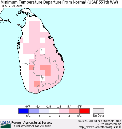 Sri Lanka Mean Minimum Temperature Departure from Normal (USAF 557th WW) Thematic Map For 6/17/2019 - 6/23/2019