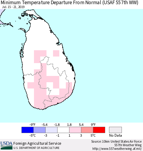 Sri Lanka Minimum Temperature Departure From Normal (USAF 557th WW) Thematic Map For 7/15/2019 - 7/21/2019