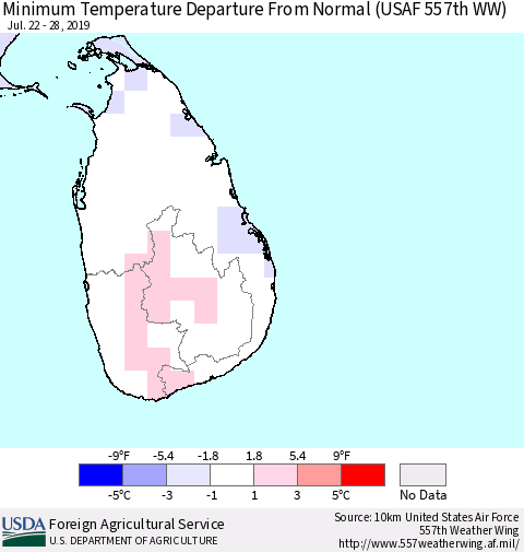 Sri Lanka Mean Minimum Temperature Departure from Normal (USAF 557th WW) Thematic Map For 7/22/2019 - 7/28/2019