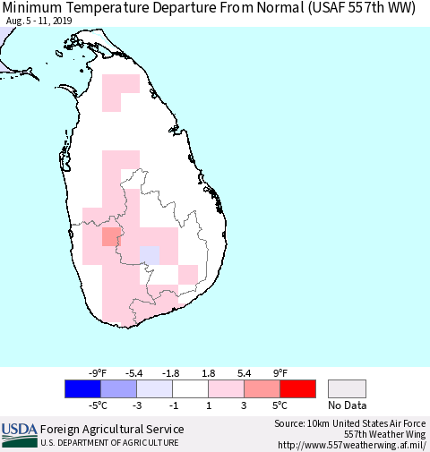 Sri Lanka Mean Minimum Temperature Departure from Normal (USAF 557th WW) Thematic Map For 8/5/2019 - 8/11/2019
