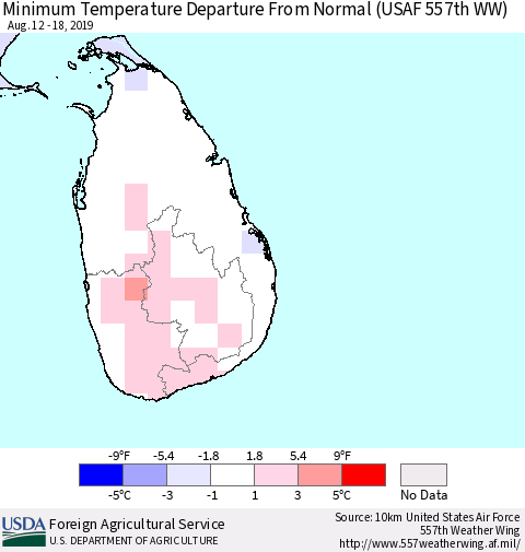 Sri Lanka Minimum Temperature Departure From Normal (USAF 557th WW) Thematic Map For 8/12/2019 - 8/18/2019