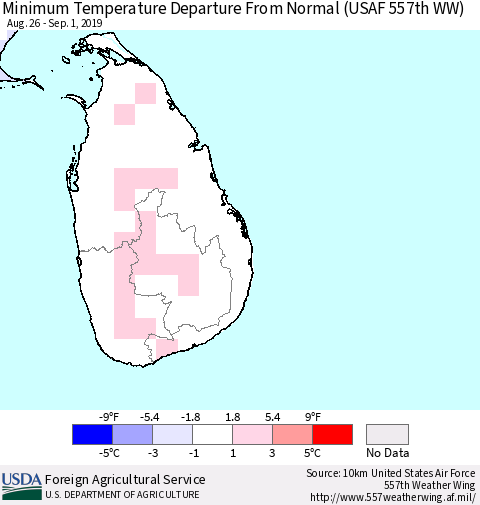 Sri Lanka Minimum Temperature Departure From Normal (USAF 557th WW) Thematic Map For 8/26/2019 - 9/1/2019