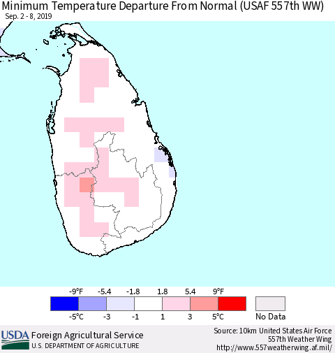 Sri Lanka Minimum Temperature Departure From Normal (USAF 557th WW) Thematic Map For 9/2/2019 - 9/8/2019
