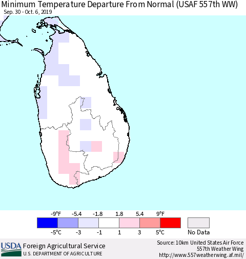 Sri Lanka Minimum Temperature Departure From Normal (USAF 557th WW) Thematic Map For 9/30/2019 - 10/6/2019
