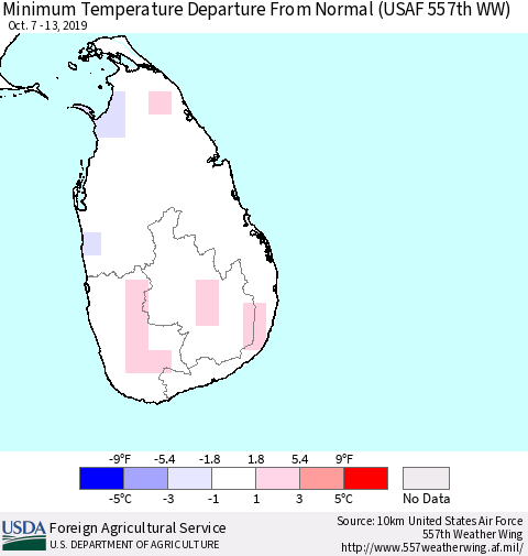 Sri Lanka Minimum Temperature Departure From Normal (USAF 557th WW) Thematic Map For 10/7/2019 - 10/13/2019
