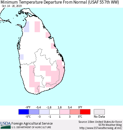 Sri Lanka Mean Minimum Temperature Departure from Normal (USAF 557th WW) Thematic Map For 10/14/2019 - 10/20/2019
