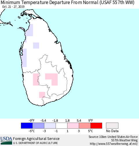 Sri Lanka Mean Minimum Temperature Departure from Normal (USAF 557th WW) Thematic Map For 10/21/2019 - 10/27/2019