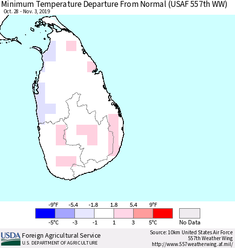 Sri Lanka Mean Minimum Temperature Departure from Normal (USAF 557th WW) Thematic Map For 10/28/2019 - 11/3/2019