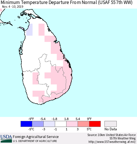 Sri Lanka Minimum Temperature Departure From Normal (USAF 557th WW) Thematic Map For 11/4/2019 - 11/10/2019