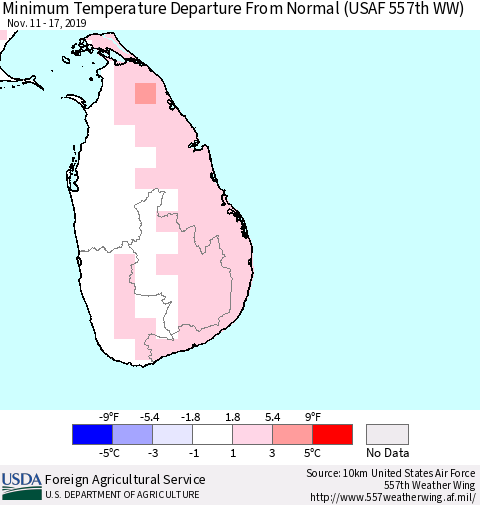 Sri Lanka Minimum Temperature Departure From Normal (USAF 557th WW) Thematic Map For 11/11/2019 - 11/17/2019