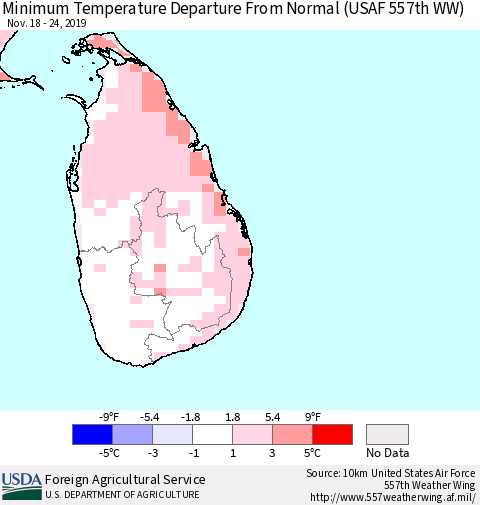 Sri Lanka Mean Minimum Temperature Departure from Normal (USAF 557th WW) Thematic Map For 11/18/2019 - 11/24/2019