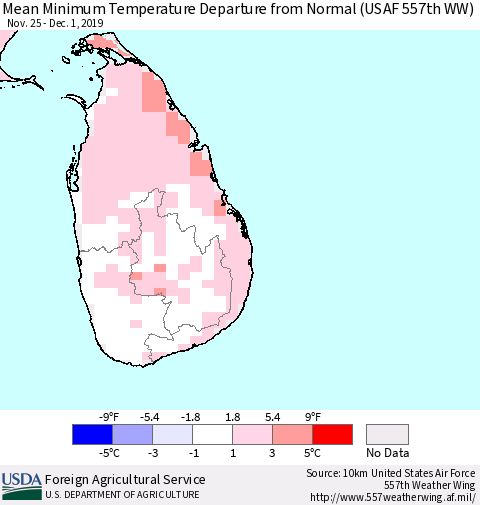 Sri Lanka Minimum Temperature Departure From Normal (USAF 557th WW) Thematic Map For 11/25/2019 - 12/1/2019