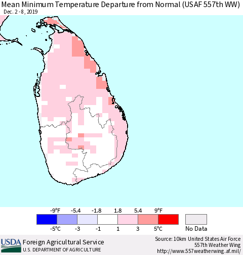 Sri Lanka Minimum Temperature Departure From Normal (USAF 557th WW) Thematic Map For 12/2/2019 - 12/8/2019