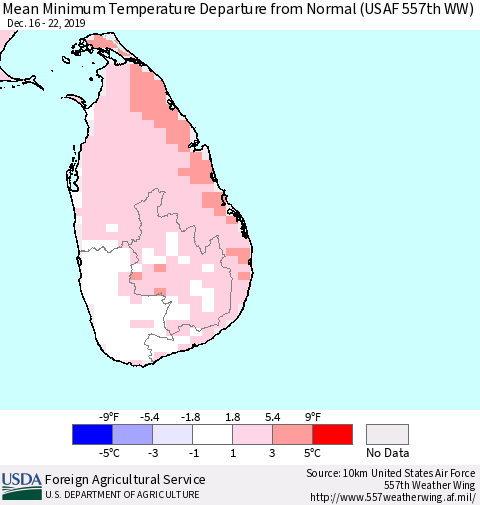 Sri Lanka Minimum Temperature Departure From Normal (USAF 557th WW) Thematic Map For 12/16/2019 - 12/22/2019
