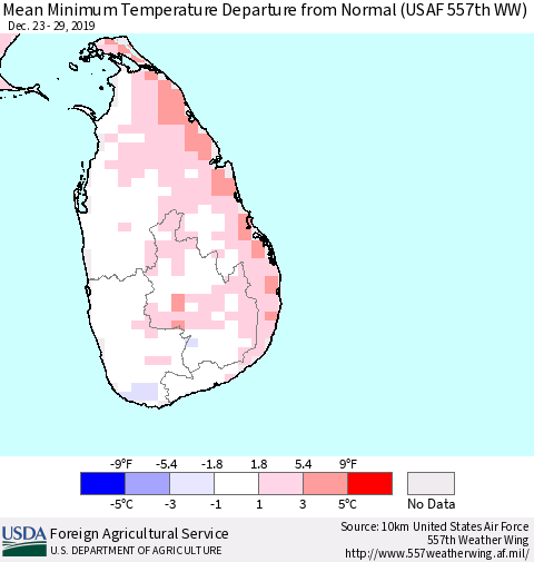 Sri Lanka Minimum Temperature Departure From Normal (USAF 557th WW) Thematic Map For 12/23/2019 - 12/29/2019