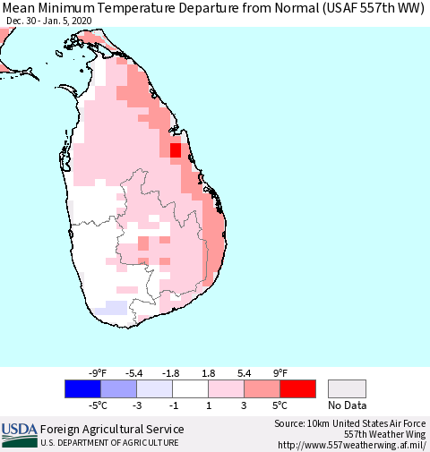 Sri Lanka Mean Minimum Temperature Departure from Normal (USAF 557th WW) Thematic Map For 12/30/2019 - 1/5/2020