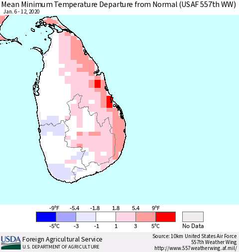 Sri Lanka Minimum Temperature Departure From Normal (USAF 557th WW) Thematic Map For 1/6/2020 - 1/12/2020