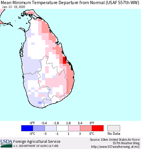 Sri Lanka Minimum Temperature Departure From Normal (USAF 557th WW) Thematic Map For 1/13/2020 - 1/19/2020
