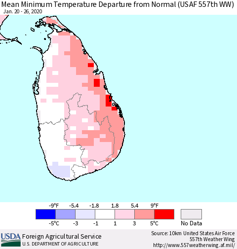 Sri Lanka Minimum Temperature Departure From Normal (USAF 557th WW) Thematic Map For 1/20/2020 - 1/26/2020