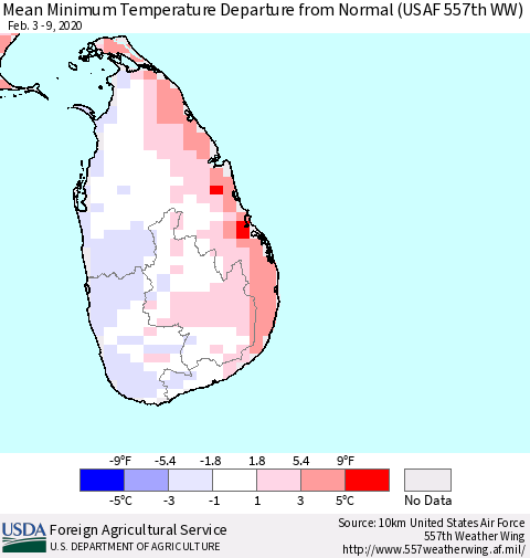 Sri Lanka Minimum Temperature Departure From Normal (USAF 557th WW) Thematic Map For 2/3/2020 - 2/9/2020