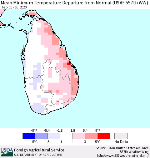 Sri Lanka Minimum Temperature Departure From Normal (USAF 557th WW) Thematic Map For 2/10/2020 - 2/16/2020