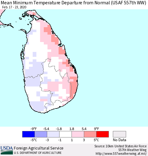 Sri Lanka Minimum Temperature Departure From Normal (USAF 557th WW) Thematic Map For 2/17/2020 - 2/23/2020