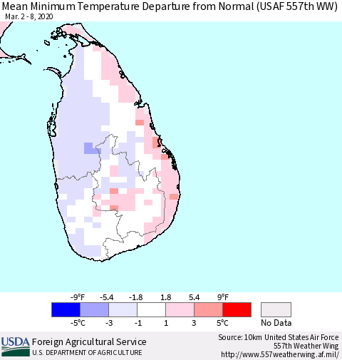 Sri Lanka Mean Minimum Temperature Departure from Normal (USAF 557th WW) Thematic Map For 3/2/2020 - 3/8/2020