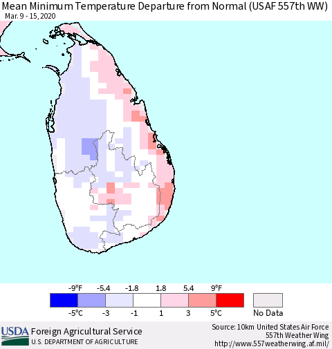 Sri Lanka Minimum Temperature Departure From Normal (USAF 557th WW) Thematic Map For 3/9/2020 - 3/15/2020