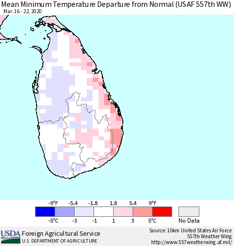 Sri Lanka Minimum Temperature Departure From Normal (USAF 557th WW) Thematic Map For 3/16/2020 - 3/22/2020