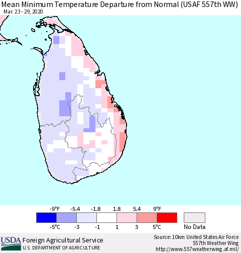 Sri Lanka Mean Minimum Temperature Departure from Normal (USAF 557th WW) Thematic Map For 3/23/2020 - 3/29/2020