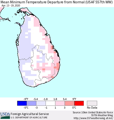 Sri Lanka Minimum Temperature Departure From Normal (USAF 557th WW) Thematic Map For 4/13/2020 - 4/19/2020