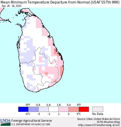 Sri Lanka Minimum Temperature Departure From Normal (USAF 557th WW) Thematic Map For 4/20/2020 - 4/26/2020
