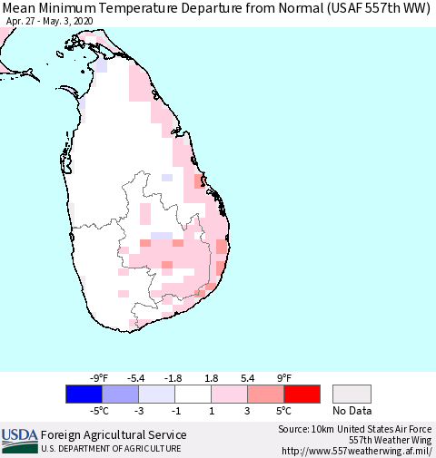 Sri Lanka Mean Minimum Temperature Departure from Normal (USAF 557th WW) Thematic Map For 4/27/2020 - 5/3/2020