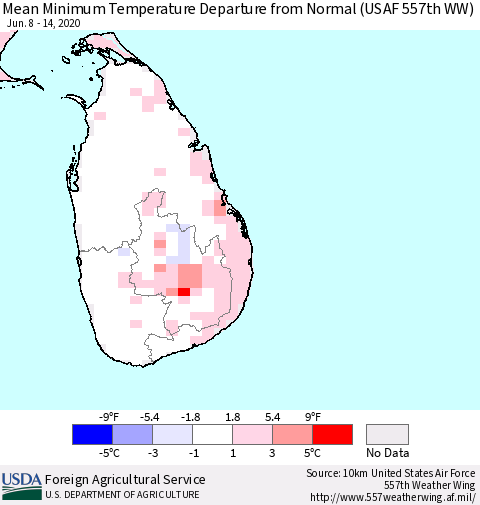Sri Lanka Minimum Temperature Departure From Normal (USAF 557th WW) Thematic Map For 6/8/2020 - 6/14/2020