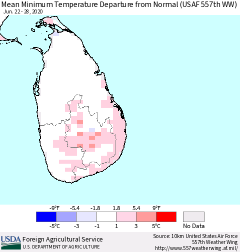 Sri Lanka Minimum Temperature Departure From Normal (USAF 557th WW) Thematic Map For 6/22/2020 - 6/28/2020