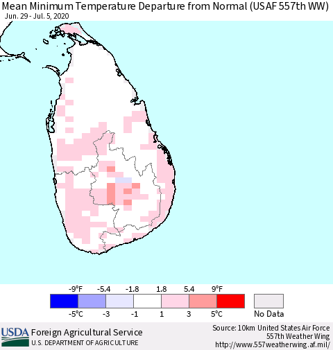 Sri Lanka Minimum Temperature Departure From Normal (USAF 557th WW) Thematic Map For 6/29/2020 - 7/5/2020