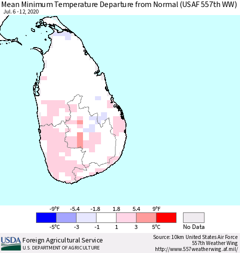 Sri Lanka Mean Minimum Temperature Departure from Normal (USAF 557th WW) Thematic Map For 7/6/2020 - 7/12/2020