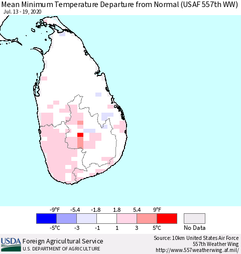 Sri Lanka Minimum Temperature Departure From Normal (USAF 557th WW) Thematic Map For 7/13/2020 - 7/19/2020