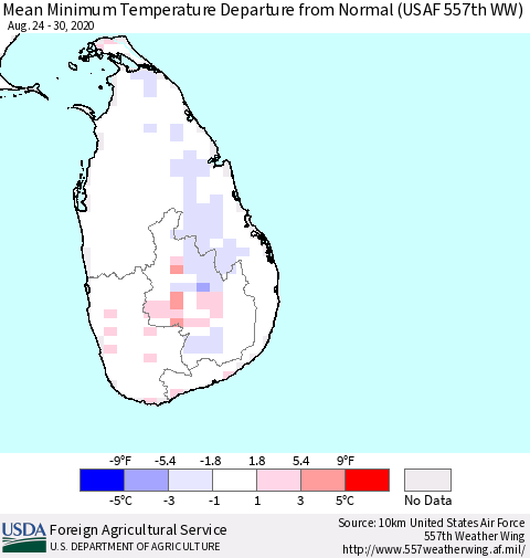 Sri Lanka Mean Minimum Temperature Departure from Normal (USAF 557th WW) Thematic Map For 8/24/2020 - 8/30/2020