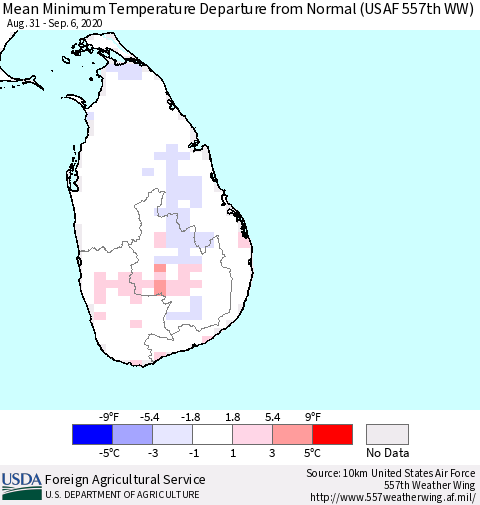 Sri Lanka Minimum Temperature Departure From Normal (USAF 557th WW) Thematic Map For 8/31/2020 - 9/6/2020