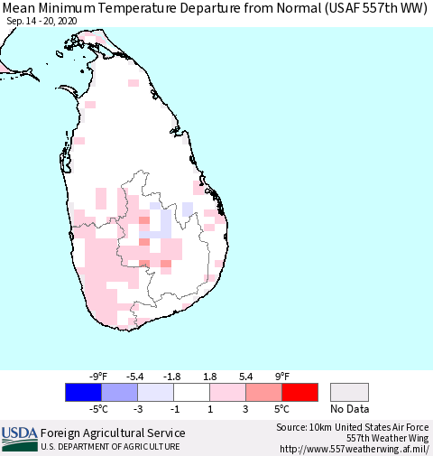 Sri Lanka Mean Minimum Temperature Departure from Normal (USAF 557th WW) Thematic Map For 9/14/2020 - 9/20/2020